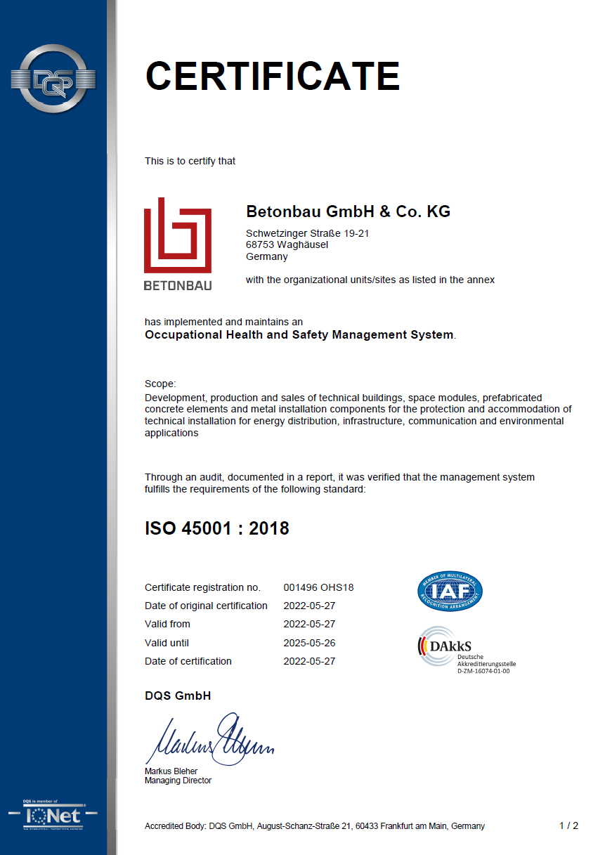Zertifikat Arbeitsschutzmanagement nach ISO 45001